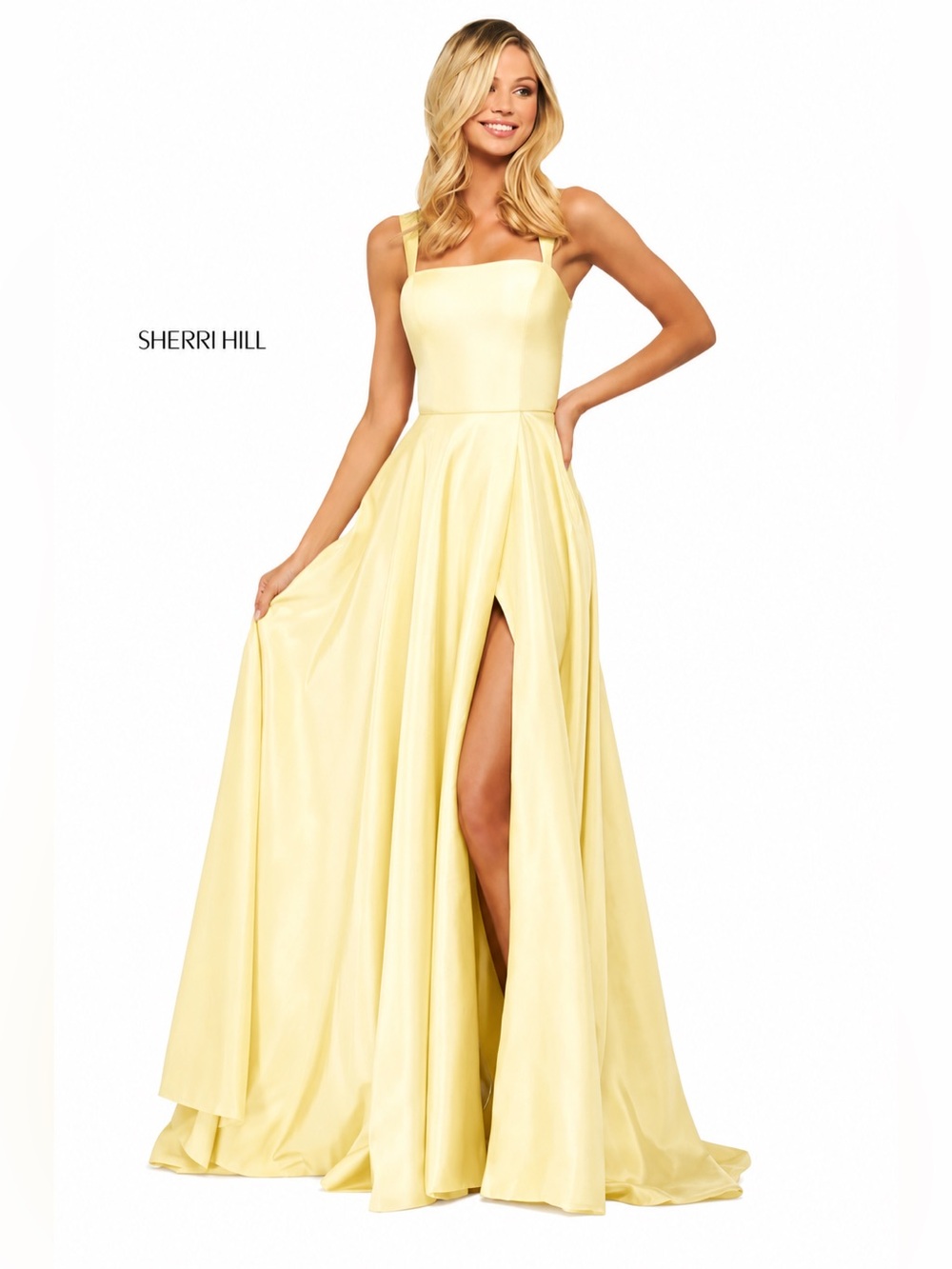 Sherri Hill Pale Yellow Square-Neck Prom Gown with Thigh Slit